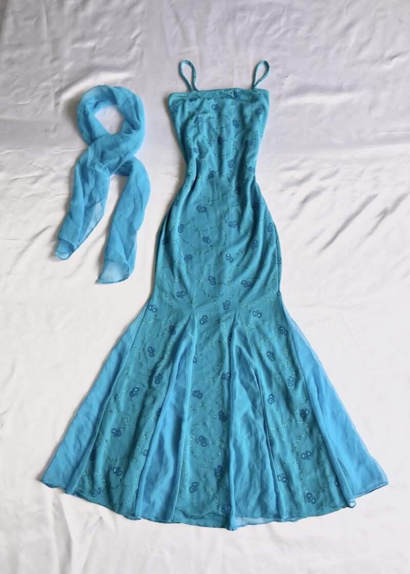 adorable long light blue dress with scarf