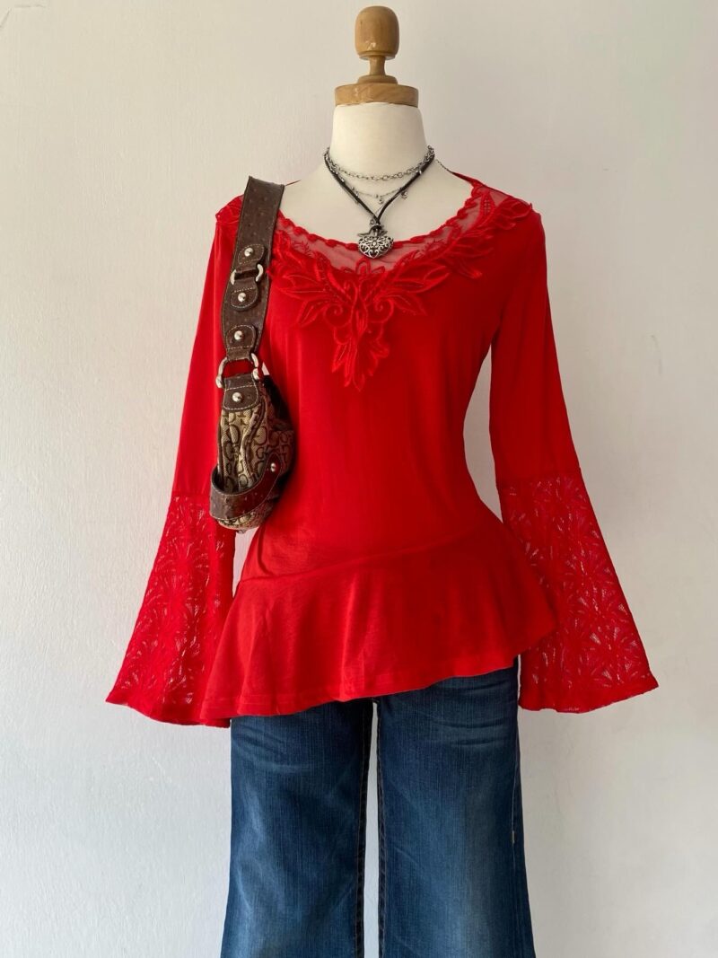 Red blouse with bell sleeves