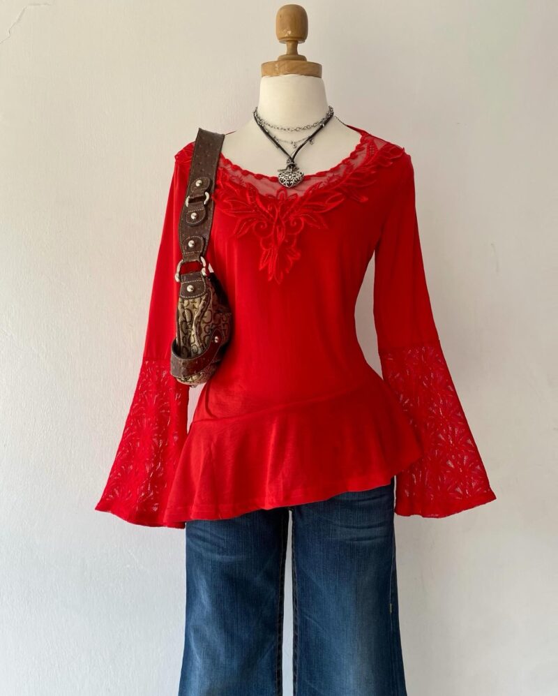 Red blouse with bell sleeves