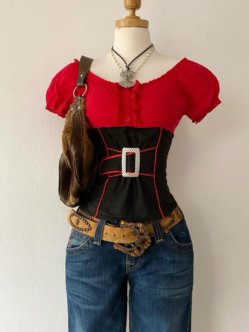 Red and black blouse with belt