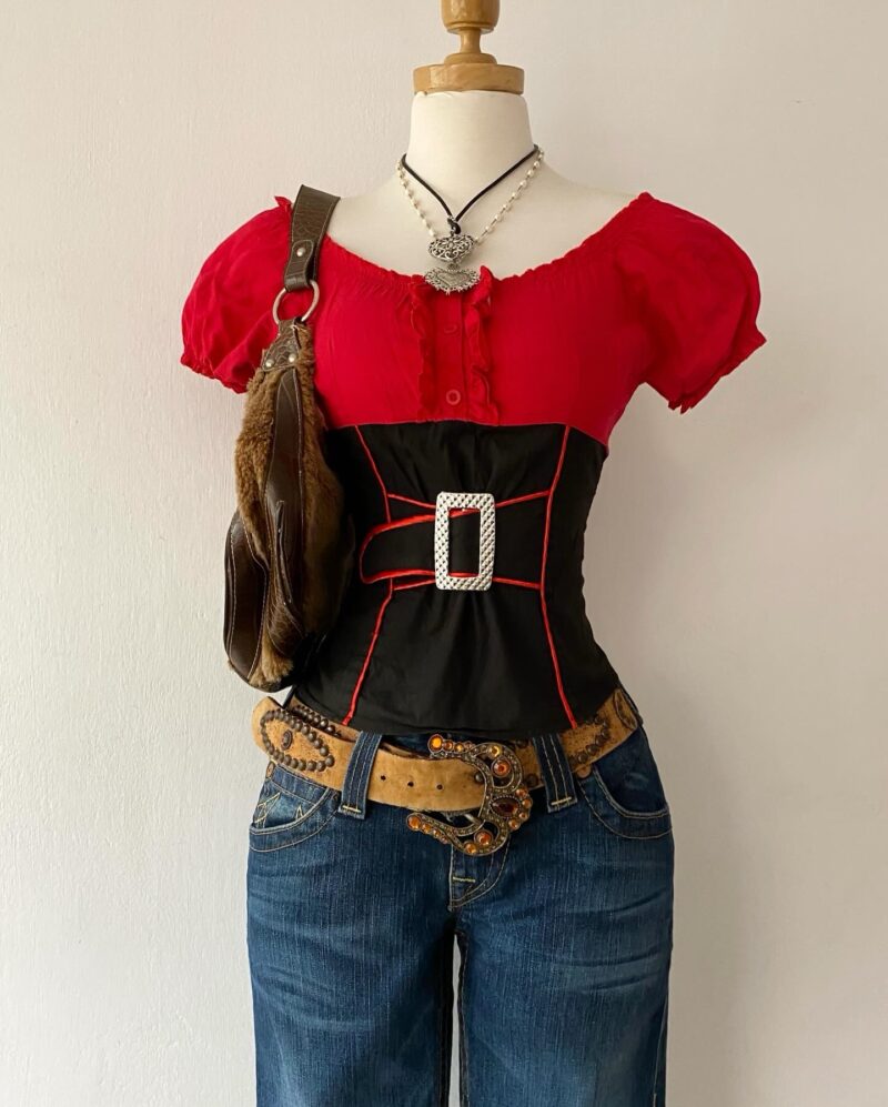 Red and black blouse with belt